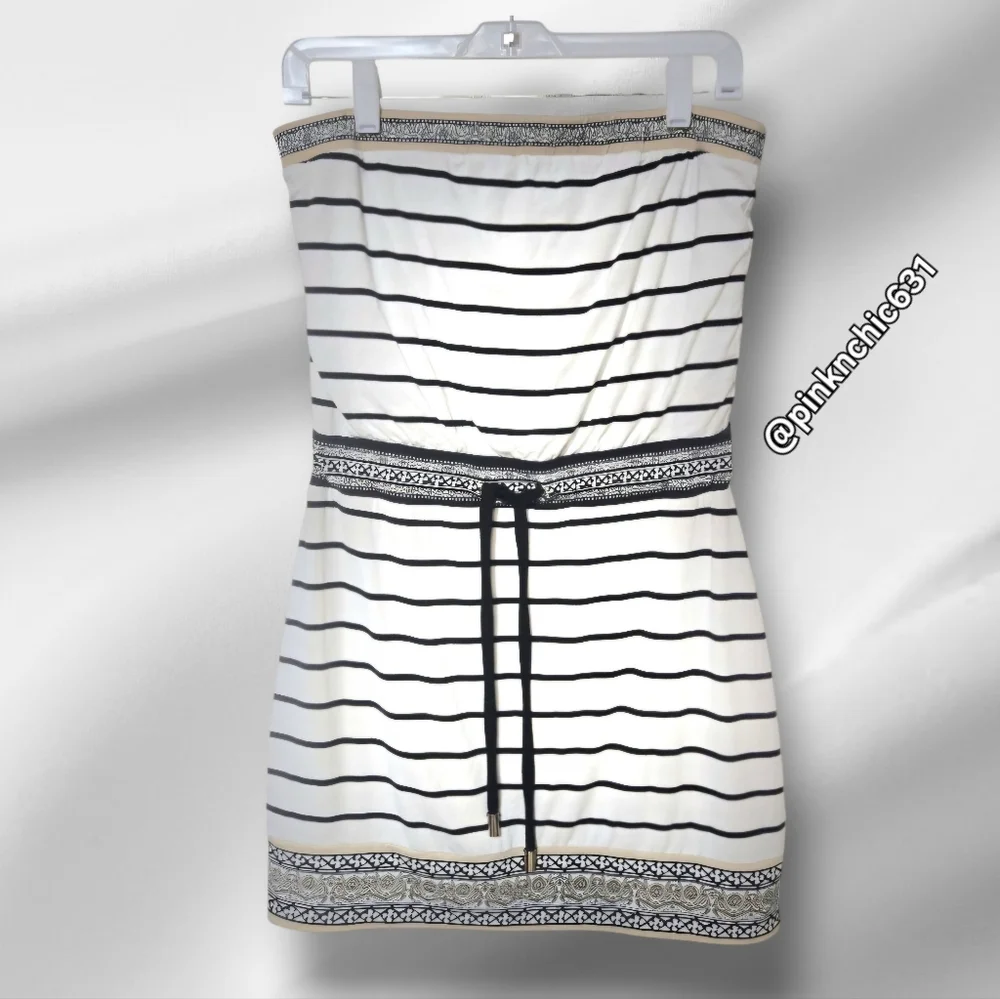 White House Black Market Bohemian Black and White Strapless Striped Dress - Picture 3 of 15